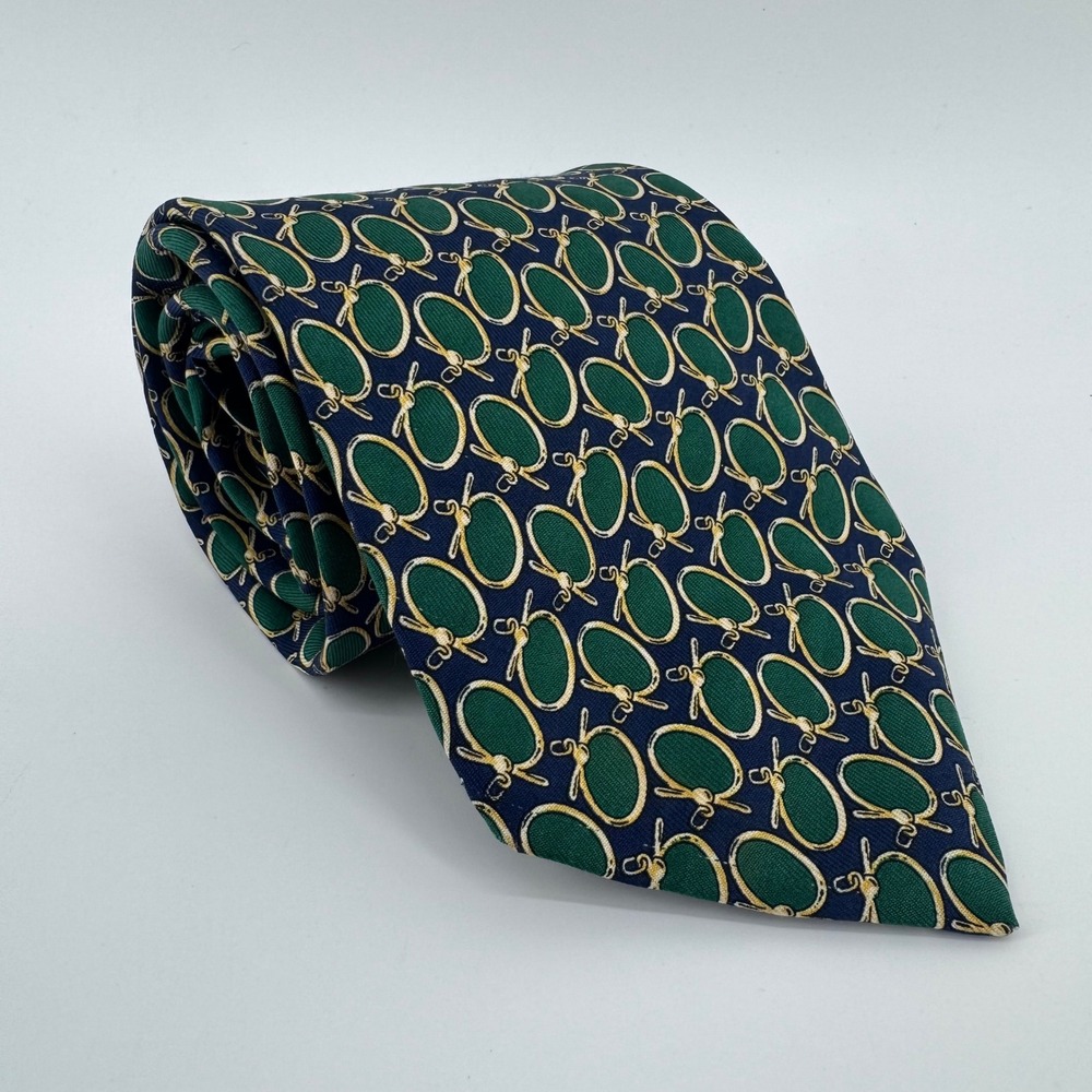 Brooks Brothers Tie Mens OS Green Navy Gold Makers Silk Geometric Golf Pattern